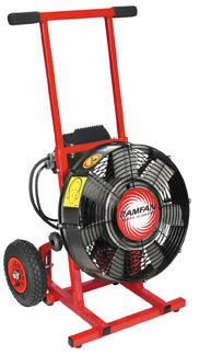 This portable red ventilation fan, known as the RamFan Variable 16 in. Electric PPV - RamFan EV400/EV420, comes with a wheeled base and handle for easy mobility. Carrying the Euramco brand at its center, this versatile unit includes an IntelliSense Speed Controller for adaptability in various settings.