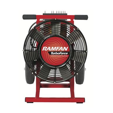 The Euramco RamFan Variable 16 in. Electric PPV - RamFan EV400/EV420 features a red exterior with a black safety grill, a metal stand, and attached wheels for easy transport. This electric PPV turbo blower includes an advanced IntelliSense Speed Controller for precise airflow management.