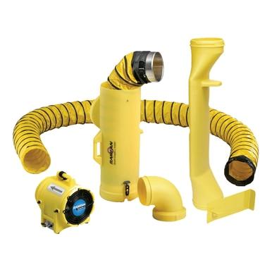 The RamFan UB20 Saddle Vent System by Euramco, featuring yellow industrial ventilation equipment perfect for manhole entry and confined spaces, includes flexible ducting, a portable blower, a hose, and connectors. These items are neatly arranged on a white background.