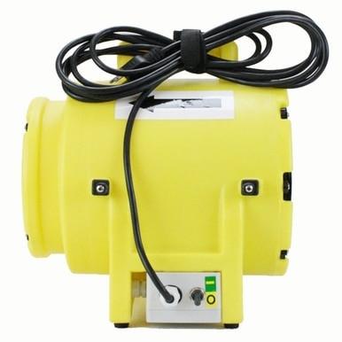 The RamFan UB20 Blower, Duct and Canister 15 and 25 ft. from Euramco showcases a distinctive yellow design with a neatly wrapped black power cord on top. Its sturdy structure includes a control panel with knobs and switches on the side, underscoring its efficiency as a leading ventilator in its category.