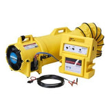 The Euramco RamFan UB20 Battery Pack System is a yellow industrial ventilation fan specifically designed for confined space ventilation. It comes equipped with an attached flexible duct and a portable power pack, as well as a black cable with clamps, ensuring the blower system is both efficient and versatile for various applications.