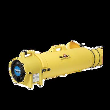 A yellow RamFan UB20 Blower from Euramco, designed with a cylindrical shape and equipped with a black fan cover on one end and a top handle. This 12VDC industrial duct fan proudly displays the manufacturer's logo along with some labels on the side.