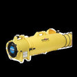 The Euramco RamFan UB20 Blower, Ducting and Canister - 12VDC is a yellow industrial ventilation fan equipped with a duct and features a black grille and label. Constructed from UV-resistant polyethylene for enhanced durability, it comes with handles on top for easy portability, making it an ideal blower for various settings.