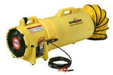 The Euramco RamFan UB20 Blower, Ducting and Canister - 12VDC, features UV-resistant polyethylene construction and includes a flexible yellow duct. It operates on a 12VDC blower and comes with a power cord equipped with battery clips for convenient connection.