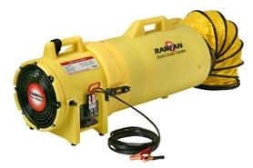 The Euramco RamFan UB20 Blower, Ducting and Canister - 12VDC, features UV-resistant polyethylene construction and includes a flexible yellow duct. It operates on a 12VDC blower and comes with a power cord equipped with battery clips for convenient connection.