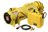 The Euramco RamFan UB20 Battery Pack System, in yellow, is an ideal solution for confined space ventilation. It includes a flexible duct and an integrated control box, as well as cables and clamps. This makes it perfect for industrial or construction settings, with the RamFan UB20-12V logo prominently displayed.