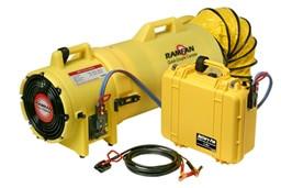 The Euramco RamFan UB20 Battery Pack System, in yellow, is an ideal solution for confined space ventilation. It includes a flexible duct and an integrated control box, as well as cables and clamps. This makes it perfect for industrial or construction settings, with the RamFan UB20-12V logo prominently displayed.