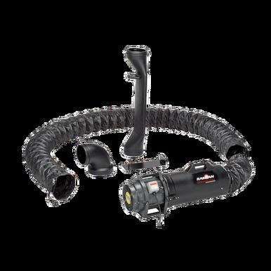 Introducing the RamFan UB20 Saddle Vent System by Euramco, equipped with a flexible hose and fittings tailored for vehicle engine air intake. This advanced ventilation setup includes black plastic components such as a snorkel head, air ram, connectors, and tubing neatly arranged on a plain backdrop.