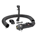 The RamFan UB20 Saddle Vent System by Euramco is equipped with a flexible hose, exhaust funnel, elbow connector, clamp, and a cylindrical fan featuring a convenient handle. This primarily black equipment is designed to effectively remove exhaust fumes in confined spaces or as part of an efficient ventilation system.