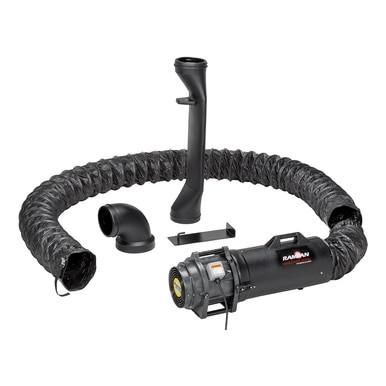 The Euramco RamFan UB20 Saddle Vent System includes a flexible hose, black duct, elbow joint, and Ramfan blower-exhauster. Engineered for optimal performance, it effortlessly integrates with the entire Saddle Vent System to provide efficient manhole ventilation. The components are arranged neatly on a white background.