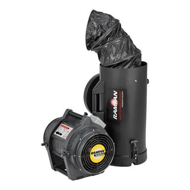 The Euramco RamFan UB20XX Blower, Ducting and Canister is designed with a black plastic housing and includes a flexible exhaust duct. This intrinsically safe blower features a UL-listed motor for enhanced safety, and the black duct effectively directs the highest CFM output upwards.