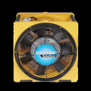 The Euramco RamFan 16 in. Blower, featuring a powerful 1.5HP TEAO motor, comes in a yellow and black design with a protective grille on the front. The brand name "RamFan TurboForce" is prominently displayed in the center and it is housed in an anti-static glass reinforced ABS casing for durability.