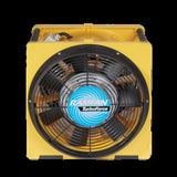 The Euramco RamFan 16 in. Blower 1.5HP EFi150 is a high velocity electric blower, perfect for ventilation in confined spaces. It features a black fan grill and blue central label on its yellow exterior, with an anti-static glass reinforced ABS housing for enhanced durability and efficiency.