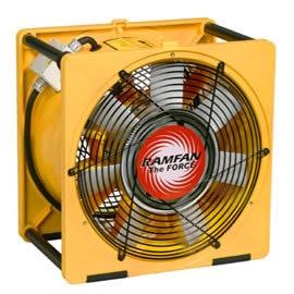 The Euramco RamFan 16 in. Blower 1.5HP EFi150 features a yellow square design with a black protective grill and an anti-static glass reinforced ABS housing. The center displays "Ramfan The Force" on a red circle, while the high-velocity electric blower is powered by a 1.5HP TEAO motor and includes black handles on its cylindrical sides for easy maneuverability.