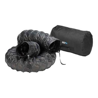 The Euramco Anti-Static Ducting -12 in.-1215CBB, a black, flexible, coiled duct or hose, is placed next to a black rectangular carrying bag. Specifically designed for portable forced ventilation applications, this product ensures reliable airflow and offers flame retardant safety.