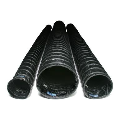 Three Euramco 16 in. Conductive Ducting pipes, perfect for ventilation systems, are lined up side by side against a white background, highlighting their open circular ends and corrugated surfaces.