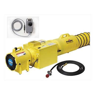 The Euramco RamFan UB20 Blower/Heater System is a yellow industrial fan that includes a flexible duct, control unit, and connecting cables. Perfect for ventilation or air extraction in various environments, this model provides efficient airflow with the option for portable heated air capabilities.