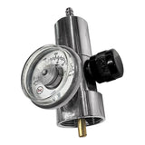 The ISG High Pressure Fixed Flow Regulator (0.5 LPM) w/Tubing by Intermountain Specialty Gases features a circular gauge, black adjustment knob, and brass connector to control gas or air pressure, often used with a CGA 600 valve.