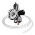 The Intermountain Specialty Gases ISG High Pressure Fixed Flow Regulator (0.5 LPM) with tubing features a round gauge, black adjustment knob, and clear flexible tube for precise gas flow control.