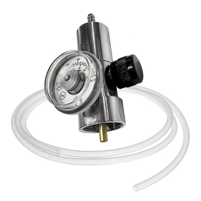 The Intermountain Specialty Gases ISG High Pressure Fixed Flow Regulator (0.5 LPM) with tubing features a round gauge, black adjustment knob, and clear flexible tube for precise gas flow control.