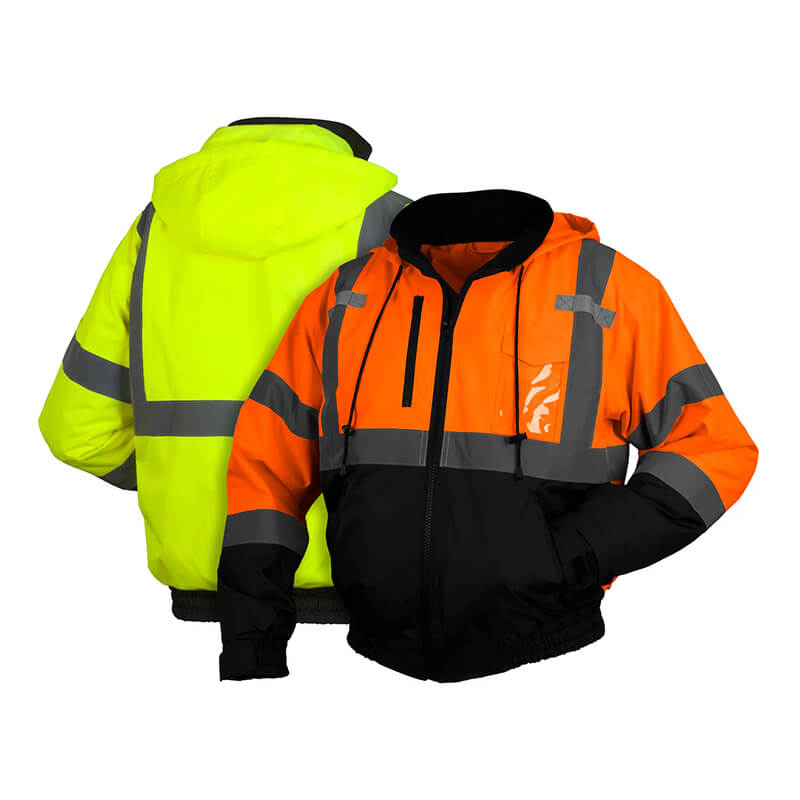 Two high-visibility jackets: a neon yellow waterproof hi-vis jacket with reflective stripes and an orange/black Pyramex RJ31 Hi-Vis Bomber Jacket by Pyramex Safety, both with hoods and front zippers.