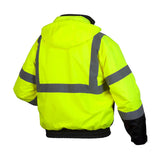 The Pyramex RJ31 Hi-Vis Bomber Jacket by Pyramex Safety is bright yellow with gray reflective accents, featuring a waterproof polyester shell, hood, and black cuffs. Shown from the back.