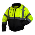 The Pyramex Safety RJ31 Hi-Vis Bomber Jacket is bright yellow and black with reflective gray stripes. It features a waterproof polyester shell, hood, zipper front, adjustable drawstrings, chest pocket, and elastic cuffs for added versatility.