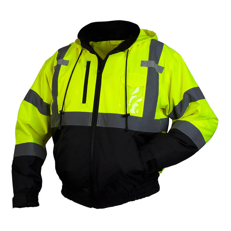 The Pyramex Safety RJ31 Hi-Vis Bomber Jacket is bright yellow and black with reflective gray stripes. It features a waterproof polyester shell, hood, zipper front, adjustable drawstrings, chest pocket, and elastic cuffs for added versatility.