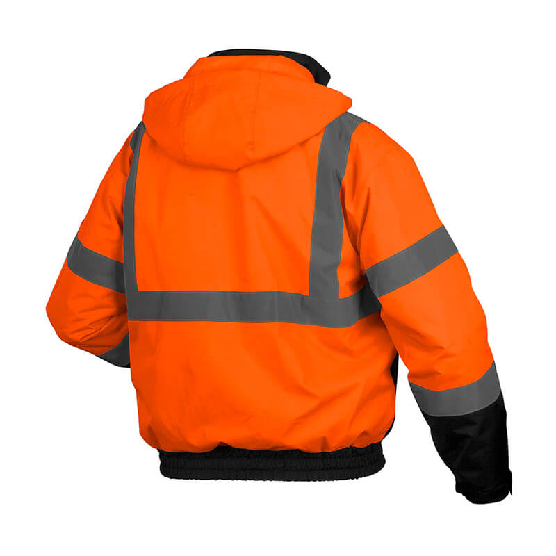 The Pyramex RJ31 Hi-Vis Bomber Jacket by Pyramex Safety features an orange waterproof polyester shell and gray reflective stripes, a hood, and black cuffs. Designed for safety, it is ideal for low-light or high-risk work environments.