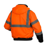 The Pyramex RJ31 Hi-Vis Bomber Jacket by Pyramex Safety features an orange waterproof polyester shell and gray reflective stripes, a hood, and black cuffs. Designed for safety, it is ideal for low-light or high-risk work environments.