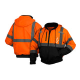 Two Pyramex Safety RJ31 Hi-Vis Bomber Jackets are shown in orange with reflective stripes, black lower sections, hoods, and zip fronts—one displayed from the front and one from the back.