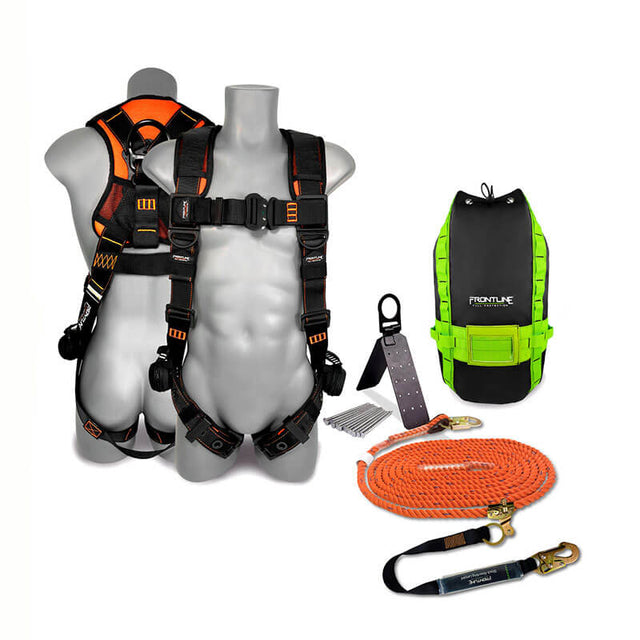 Two gray mannequins display the Frontline Fall Protection Combat Premium Roofers Kit with 50' VLL RK110V50—featuring a harness, lifeline, green backpack, orange rope and clip, lanyard, anchor strap, roof anchor, and fastening tools.
