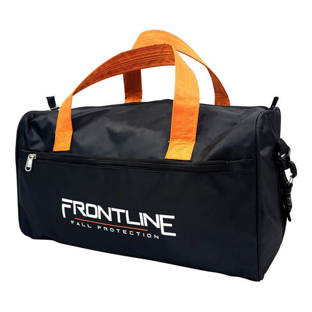 The Frontline Polyester Large Duffel Storage Bag RKBAG by Frontline Fall Protection features orange handles, a front zip pocket, and "FRONTLINE FALL PROTECTION" printed in white—ideal for carrying roofer kits and fall protection gear.