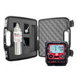 The PK Safety RKI GX-3R Bundle includes a black hard case with foam padding holding a metal gas cylinder, regulator, tubing, and the RKI GX-3R Gas Monitor, which displays air quality data and features several labeled buttons.