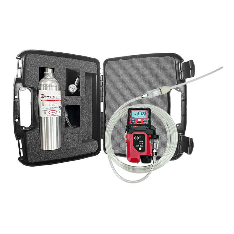 The RKI Instruments RKI GX-3R with Pump Bundle includes a black carrying case, foam inserts, silver gas cylinder, digital multi-gas monitor with display screen, tubes, and attachments for reliable confined space detection.