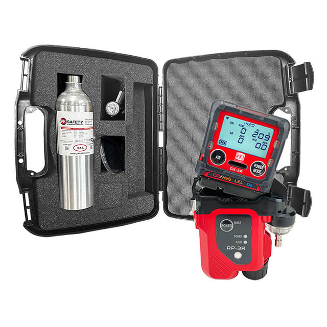 The RKI Instruments RKI GX-3R with Pump Bundle, featuring a portable multi-gas monitor with digital display, is shown in front of an open case housing a gas cylinder and calibration kit, all secured in foam padding.
