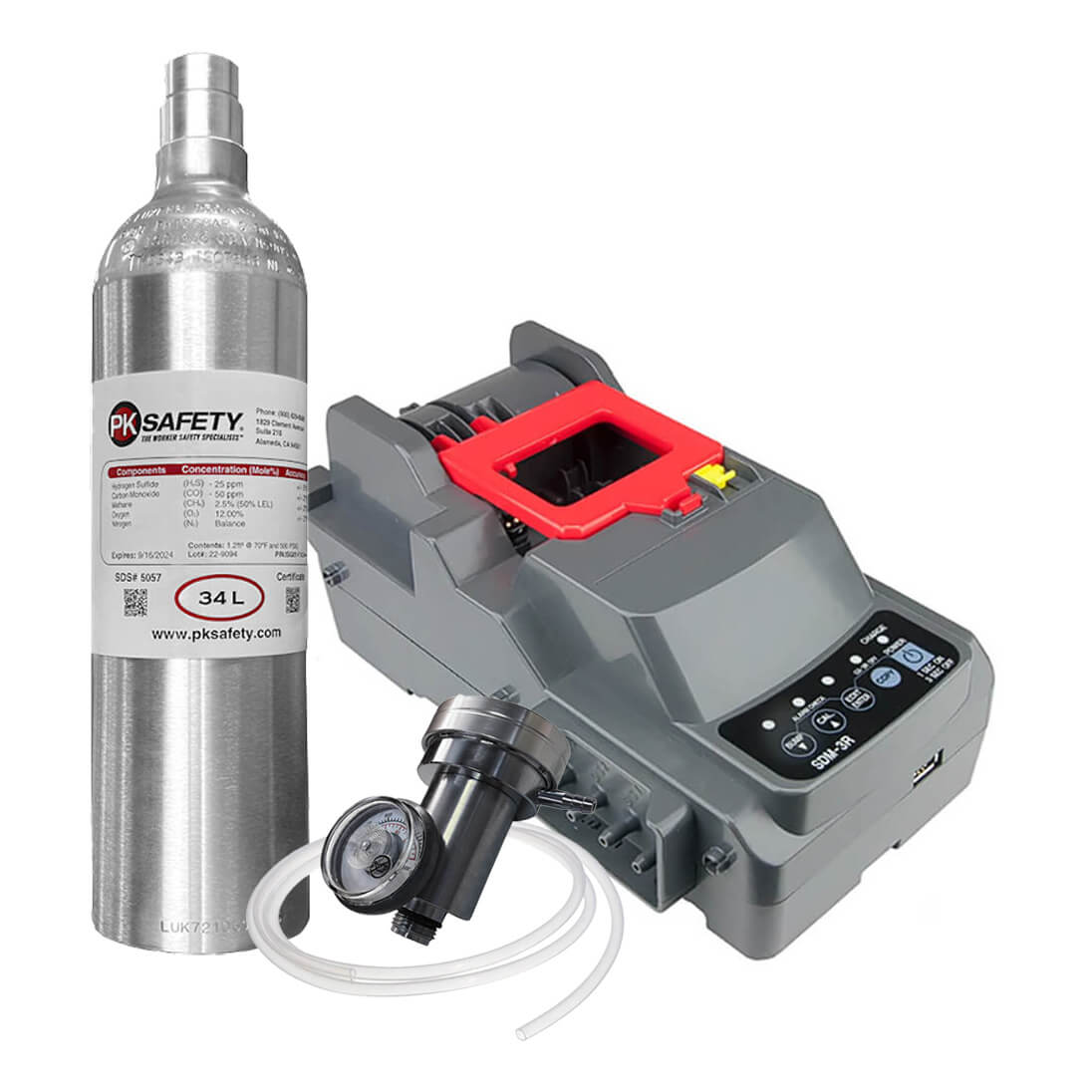 The RKI SDM-3R Calibration Station Bundle from RKI Instruments is shown on a white background, featuring a calibration gas cylinder, regulator with tubing, and GX-3R docking station—ideal for precise four-gas monitor calibration.