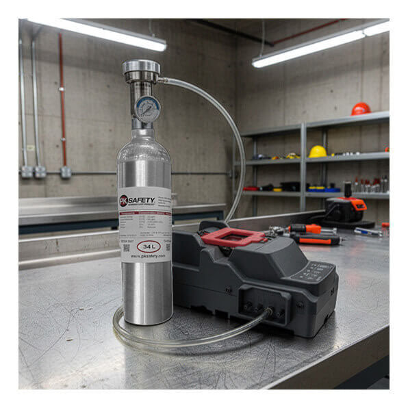 An RKI Instruments SDM-3R Calibration Station Bundle is connected via tubing to a metal gas cylinder with a pressure gauge, all set up on a stainless steel workbench in an industrial lab. The area is equipped with calibration tools and surrounded by shelves, various equipment, and safety helmets in the background.