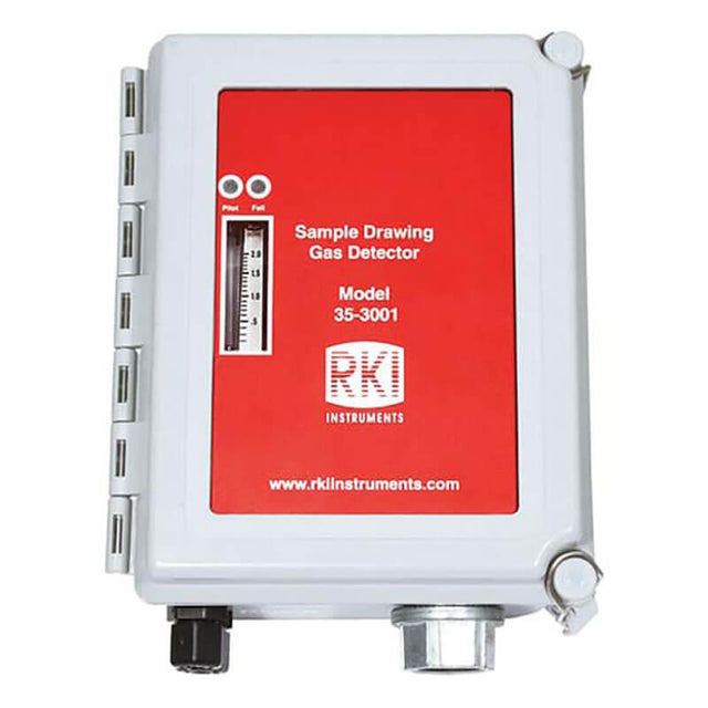 The RKI Instruments 35-3001 IR CO2 Direct Connect, model number 35-3001-05, is a gas detector with a gray and red design. It includes a compact display panel and bottom port within its sturdy NEMA 4X enclosure. This model features infrared Carbon Dioxide detection, with the brand's website stylishly printed in white at the bottom.