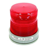 Introducing the RKI Instruments Strobe Light, 115 VAC, Edwards 105FINH (Class I Div 2), a red warning light with a gray base. This cylindrical-shaped strobe features horizontal ridges and is perfect for hazardous locations, offering an option for pipe mounting.