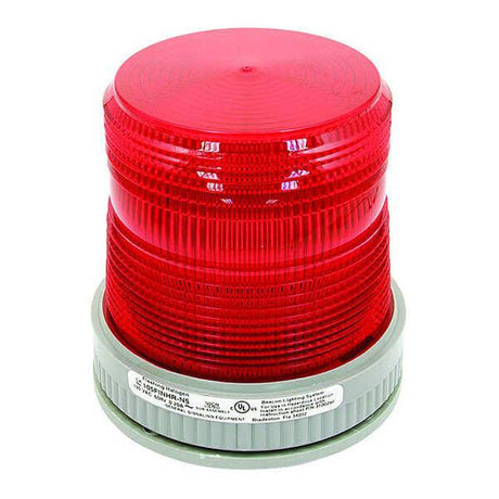 A cylindrical red warning beacon with a ribbed plastic surface is mounted on a grey pipe base that displays labels containing text and certification logos. Often utilized in hazardous locations, this RKI Instruments product, known as the RKI Strobe Light, 115 VAC, Edwards 105FINH (Class I Div 2), is perfect for alerts or emergency signaling.