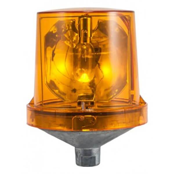 An RKI Instruments RKI Rotating Alarm Light, intended for non-hazardous locations, is equipped with an amber warning light encased in a transparent cover on a metallic base. It is activated and emits a warm yellow glow.