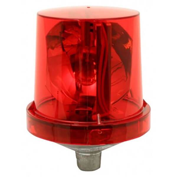 The RKI Rotating Alarm Light, 115 VAC by RKI Instruments, comes with a transparent red cover and is mounted on a gray base. It is suitable for non-hazardous locations and serves as an emergency or alert signal.