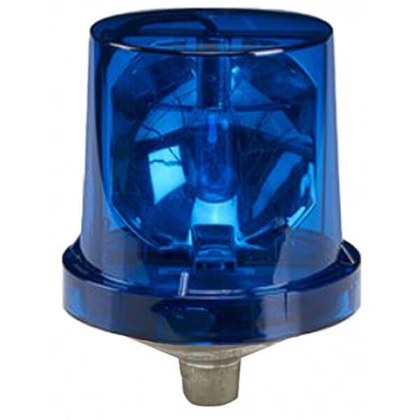 A blue, cylindrical RKI Rotating Alarm Light by RKI Instruments features a central bulb and is typically used on emergency vehicles. This transparent 115 VAC siren light allows visibility of the internal components and is designed for non-hazardous locations.