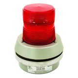 The RKI Instruments RKI 2 Wire Flashing Alarm Light/Horn is a red cylindrical industrial beacon with a ribbed surface, mounted on a white base. It operates at 24 VDC with a 40-watt lamp and is specifically designed for signaling alerts or emergencies in fixed systems.