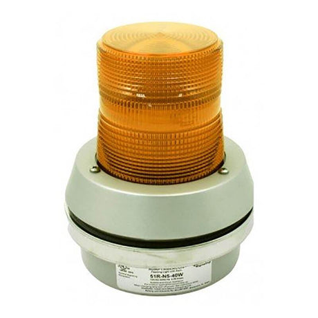 The RKI Instruments 2 Wire Flashing Alarm Light/Horn features a compact design with an amber dome-shaped lens on a gray base, specifically designed for 24 VDC fixed systems. Ideal for signaling and emergency use, it showcases a cylindrical design with clearly visible labeling at the base.