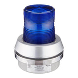 An RKI Instruments blue industrial warning light, labeled as the RKI 2 Wire Flashing Alarm Light/Horn, features a ribbed cylindrical design on a metallic silver base with a text label. This essential safety and emergency system component operates at 115 VAC and includes a 40-watt lamp.