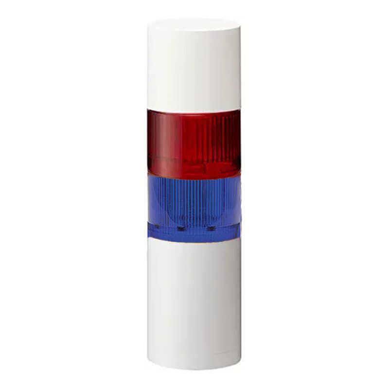 The product is a RKI Stack Light/Horn from RKI Instruments featuring a cylindrical white design with red and blue translucent bands, which likely illuminate to function as a flashing stack light. It offers a sleek and modern appearance while ensuring robust protection with its IP65 rating.