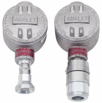 Two cylindrical, metal explosion-proof enclosures are designed for industrial settings, each embossed with the brand name "Adalet." Both units include connectors for gas sensors; the left features a simple connector, and the right has an extended connector compatible with RKI Instruments' RKI Direct Connect Gas Sensor (O2, H2S, CO).