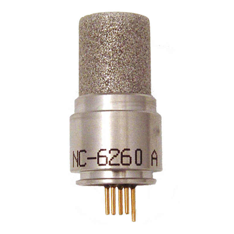 Close-up of an RKI Instruments RKI Eagle LEL/ppm Hydrocarbon Catalytic Sensor 62-0125RK, featuring a metallic finish, textured top, and labels "NC-6260 A." Several gold pins extend from the bottom for electrical connection.